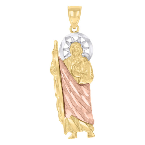 Genuine 10K Tri Color Gold 1.45" Religious Charm Diamond Cut St. Jude Pendant