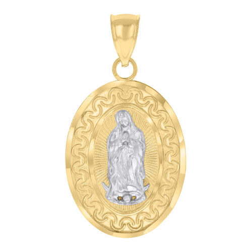 Genuine 10K Two Tone Gold 1.10" Charm Oval Medallion D/C Lady Guadalupe Pendant
