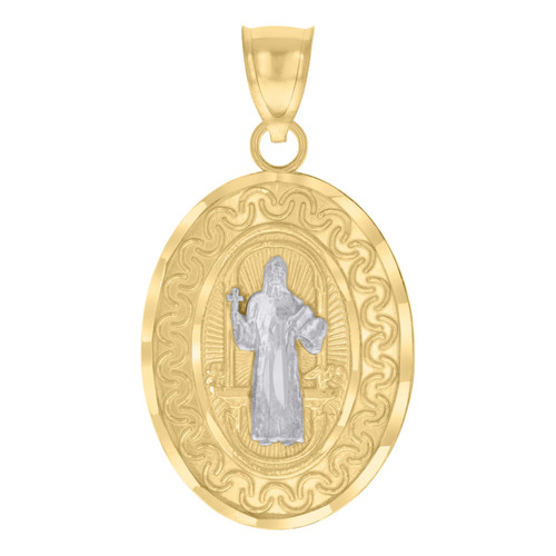 Genuine 10K Two Tone Gold 1.10" Charm Oval Medallion D/C St. Benedict Pendant