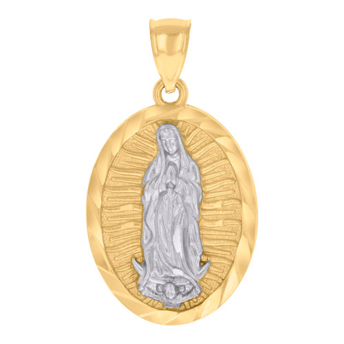 Genuine 10K Two Tone Gold 1.10" Oval Medallion Religious Lady Guadalupe Pendant