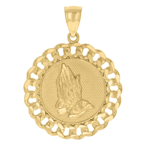 Genuine 10K Yellow Gold 1.35" D/C Cuban Border Medallion Praying Hands Pendant