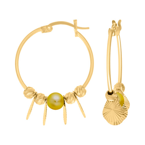 10K Yellow Gold Women's 20mm D/C Dangler Plate Yellow Bead Hinged Hoop Earrings