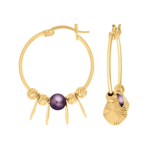 10K Yellow Gold Women's 20mm D/C Dangle Plate & Purple Bead Hinged Hoop Earrings