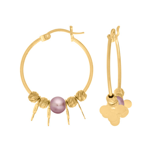 10K Yellow Gold Women's 20mm D/C Dangler Flower & Pink Bead Hinged Hoop Earrings