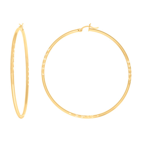 10K Yellow Gold Women's 2mm x 60mm Diamond Cut Round Tube Hinged Hoop Earrings