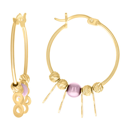 10K Yellow Gold Women's 20mm D/C Dangle Infinity Purple Bead Hinge Hoop Earrings