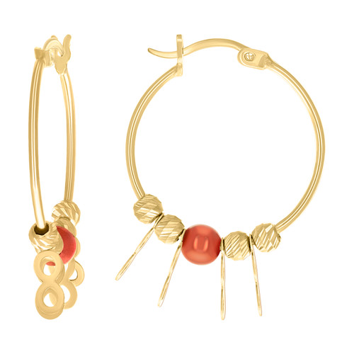 10K Yellow Gold Women's 20mm D/C Dangle Infinity & Red Bead Hinged Hoop Earrings