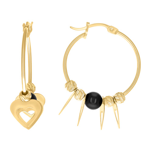 10K Yellow Gold Women's 20mm D/C Dangler Heart & Black Bead Hinged Hoop Earrings