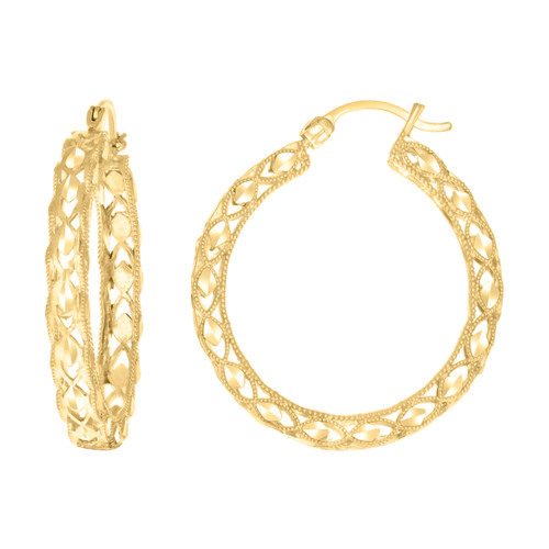 10K Yellow Gold Women's 5mm x 30mm D/C Leaf Milgrain Hollow Round Hoop Earrings