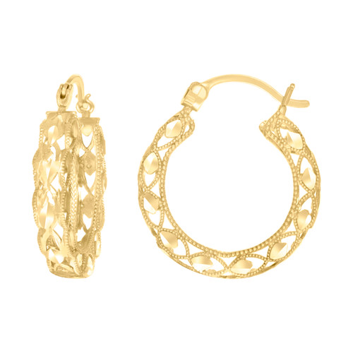 10K Yellow Gold Women's 5mm x 20mm D/C Leaf Milgrain Hollow Round Hoop Earrings