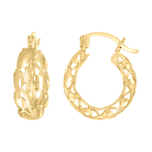 10K Yellow Gold Women's 5mm x 15mm D/C Leaf Milgrain Hollow Round Hoop Earrings