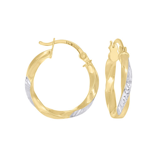 10K Two Tone Gold Womens 3mm x 20mm D/C Square Tube Twisted Hinged Hoop Earrings