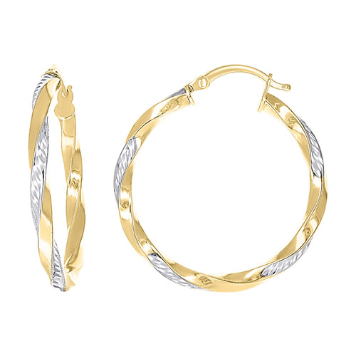 10K Two Tone Gold Womens 3mm x 30mm D/C Square Tube Twisted Hinged Hoop Earrings