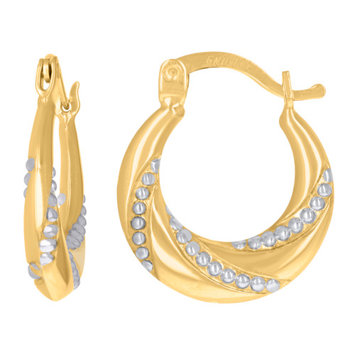 10K Two Tone Gold Women's 17mm Textured Embossed Puffed & Beaded Hoop Earrings