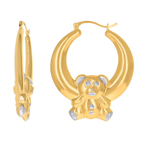 10K Two Tone Gold Women's 50mm x 40mm Polished Puffed Round Bear Hoop Earrings