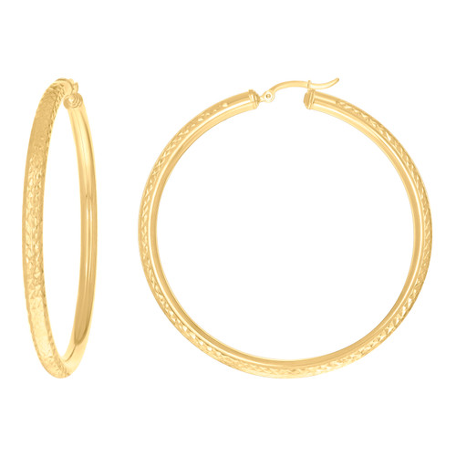 10K Yellow Gold Women's Full D/C Pattern Round 4mm Hoop Earrings | 25mm to 63mm