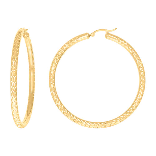 10K Yellow Gold Women's D/C Leaf Round Tube 4mm Hoop Earrings | 19mm to 64mm