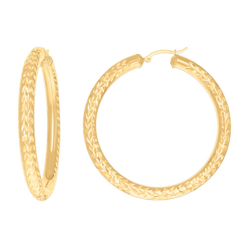 10K Yellow Gold Women's D/C Leaf Round Tube 5mm Hoop Earrings | 19mm to 57mm