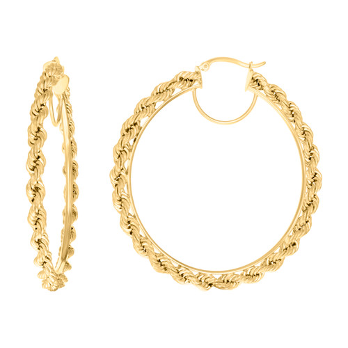 10K Yellow Gold Women's Hinged 4mm Twisted Rope Hoop Earrings | 25mm to 57mm
