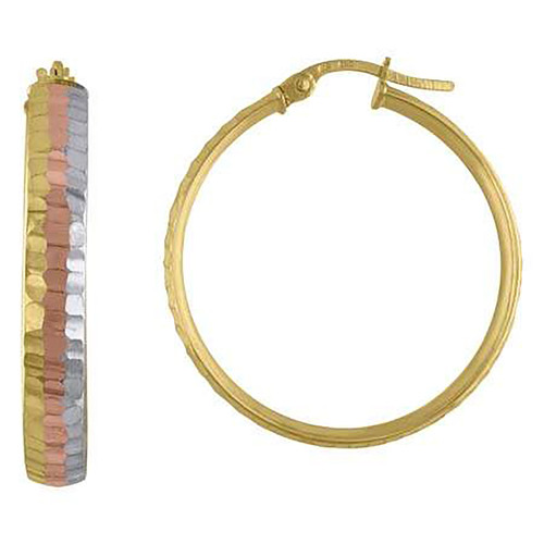 10K Tri-Color Gold Women's Hammered Half Round 4mm Hoop Earrings | 10mm to 25mm