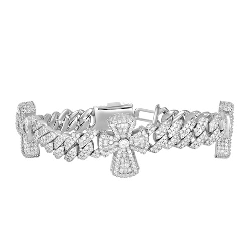 925 Sterling Silver Baguette Moissanite Custom 3D Cross Cuban Bracelet | 8" - 9"