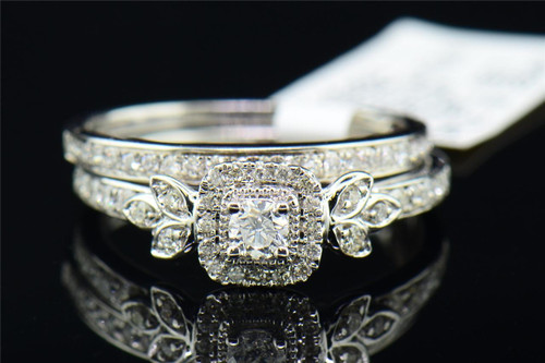 Ladies 14K White Gold Round Solitaire Diamond Engagement Ring Bridal Set 0.51 ct