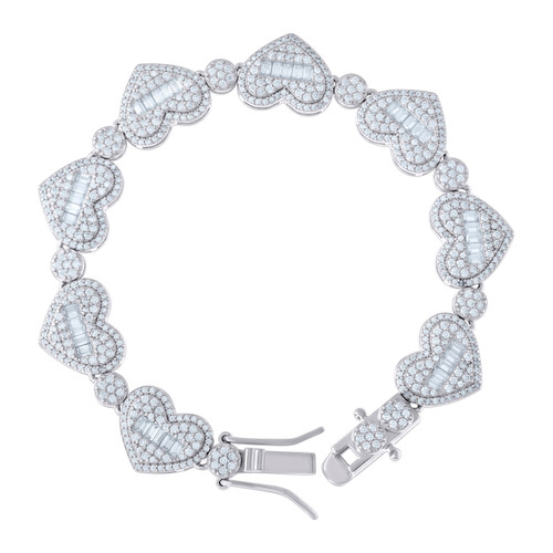 Sterling Silver Baguette Moissanite Custom 12mm Halo Heart Bracelet | 7" to 8"