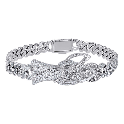 Sterling Silver Moissanite Angel Death Grim Reaper Cuban 8.5" Bracelet 4.57 CT