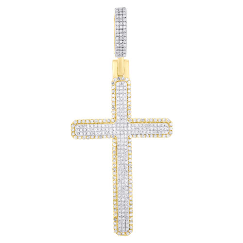10K Yellow Gold Natural Diamond Men's Charm Tiered Halo Cross Pendant 1.25 CT