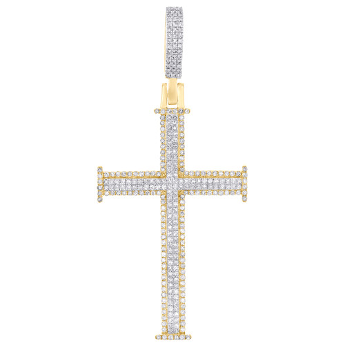 10K Yellow Gold Real Diamond Men's Charm Tiered Flat Edge Cross Pendant 1.33 CT