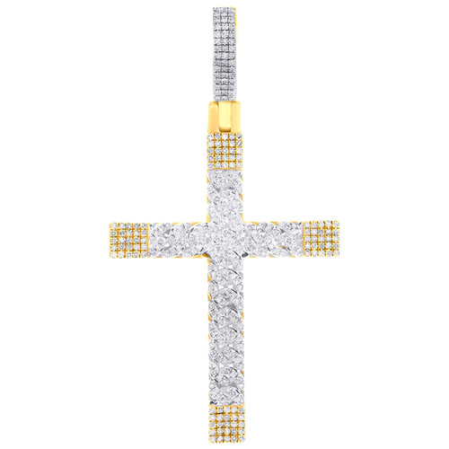 10K Yellow Gold Real Diamond Men's Charm Cuban Link Center Cross Pendant 7/8 CT