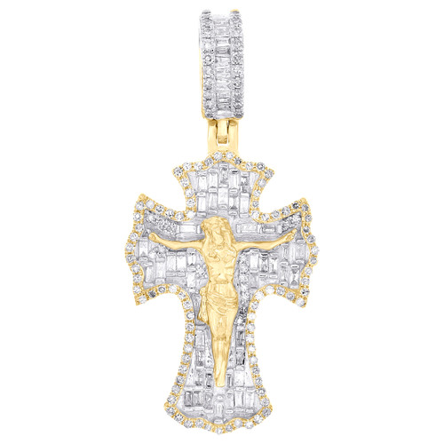 10K Yellow Gold Real Baguette Diamond Charm Jesus Cross Crucifix Pendant 3/4 CT