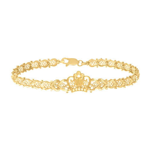 10K Yellow Gold D/C Lattice 12mm Quinceanera 15 Anos Crown Horseshoe 7" Bracelet