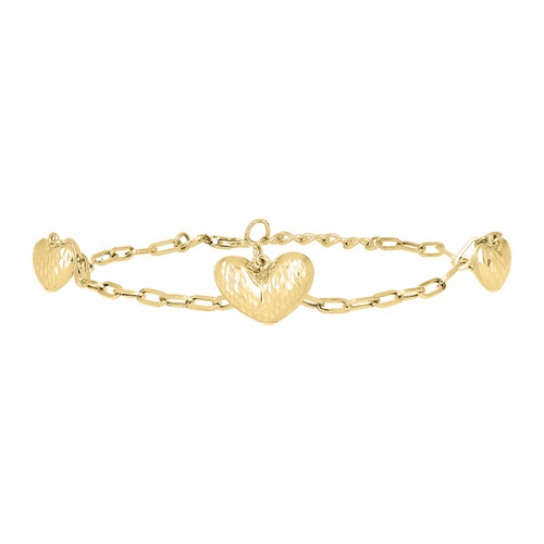 10K Yellow Gold Women's Diamond Cut 13mm Heart Charm Rectangle Link 8" Bracelet