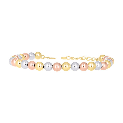 10K Tri Color Gold Women's Polished Spring Clasp 6mm Round Bead Ball 8" Bracelet
