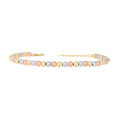 10K Tri Color Gold Women's Spring Clasp 4mm Bead / Ball Link 8" Bracelet 1" Ext