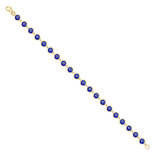 Real 10K Yellow Gold Women's Blue Enamel Good Luck 5mm Evil Eye Link 7" Bracelet