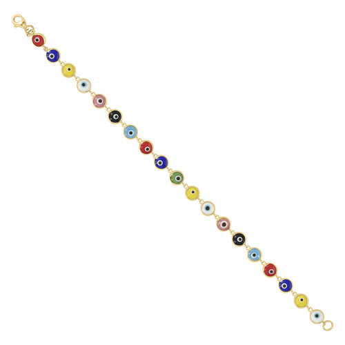 Real 10K Yellow Gold Multi-Color Enamel Good Luck 5mm Evil Eye Link 8" Bracelet