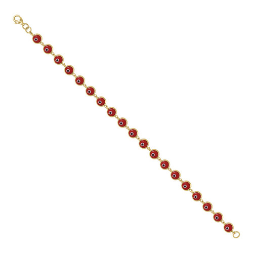 Real 10K Yellow Gold Women's Red Enamel Good Luck 5mm Evil Eye Link 7" Bracelet