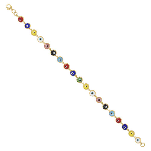 Real 10K Yellow Gold Multi-Color Enamel Good Luck 5mm Evil Eye Link 7" Bracelet