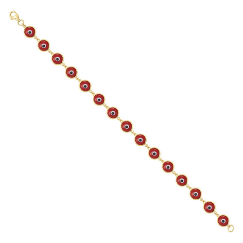 Real 10K Yellow Gold Women's Red Enamel Good Luck 6mm Evil Eye Link 7" Bracelet