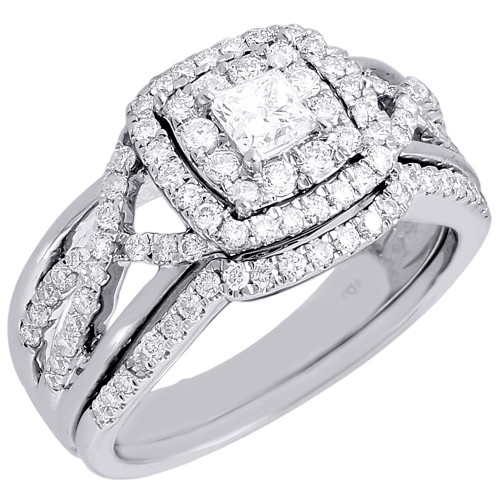 Diamond Bridal Set Ladies Princess Solitaire White Gold Wedding Ring 0.97 Ct.