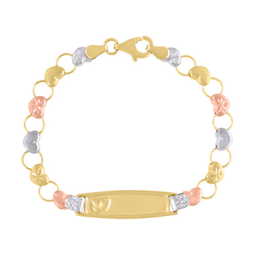 Real 10K Tri Color Gold Womens Diamond Cut 8mm Heart & Round Link ID 6" Bracelet