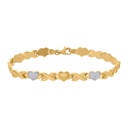 10K Two Tone Gold Women's D/C 7mm Hugs & Kisses XO Heart Stampato 7" Bracelet