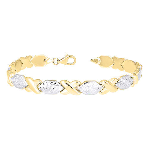10K Two Tone Gold Womens D/C 7mm Oval Hugs & Kisses Link XO Stampato 8" Bracelet