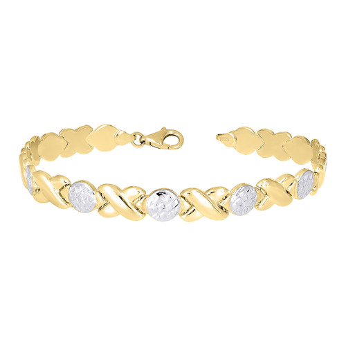 Real 10K Two Tone Gold Womens D/C 7mm Hugs & Kisses XO Link Stampato 8" Bracelet