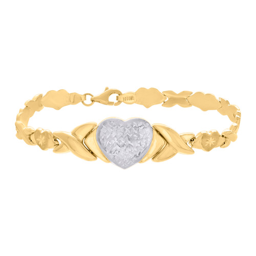 Real 10K Two Tone Gold Women's D/C 15mm Xs Jumbo Puff Heart Stampato 7" Bracelet