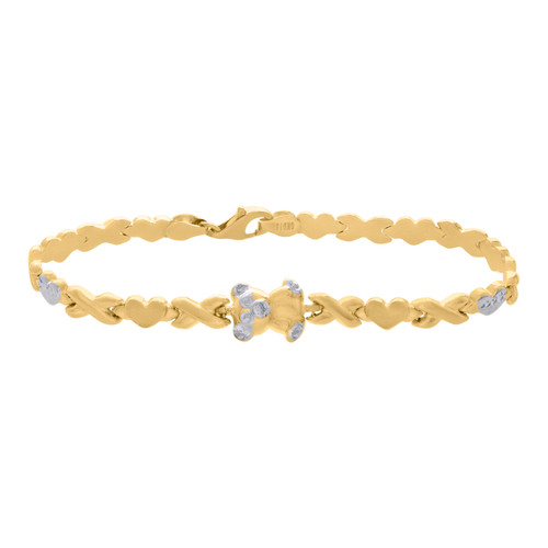 Real 10K Two Tone Gold Women's D/C 9.5mm Hearts & Xs Bear Stampato 7" Bracelet
