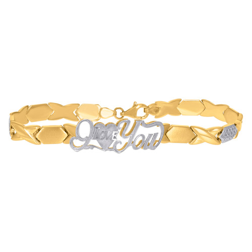 10K Two Tone Gold D/C 10.5mm X's & Square Heart I LOVE YOU Stampato 8" Bracelet
