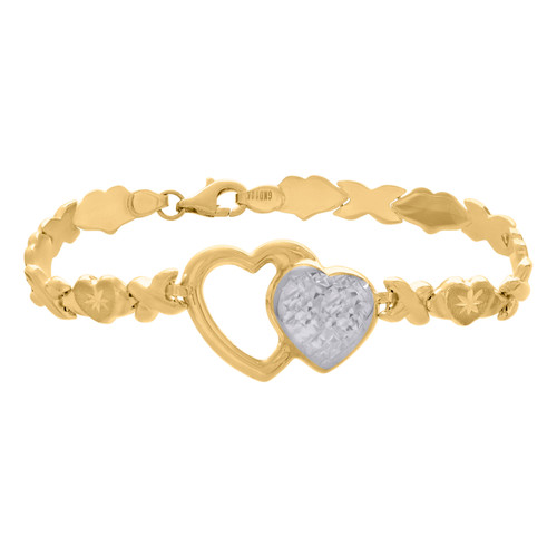 Real 10K Two Tone Gold Women's D/C 18mm Double Heart & X's Stampato 7" Bracelet
